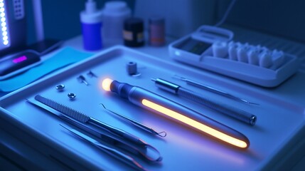 Aufkleber - Close-up of a medical tray with various tools, including a glowing medical device, in a sterile and modern medical setting.