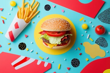 Poster - Bright and playful fast food icons are artistically arranged, showcasing burgers, fries, and pizza on a vivid, abstract background. Generative AI