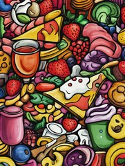 Aufkleber - A vibrant collection of doodled foods featuring pizza, ice cream, fruits, and drinks, showcasing a playful and artistic flair. Generative AI