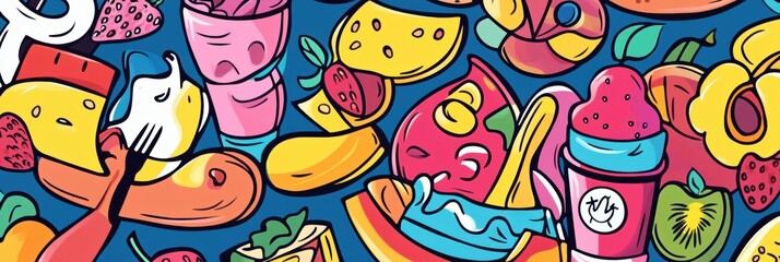 Poster - This artwork features a vibrant collection of fun doodles showcasing various foods like pizza, ice cream, fruits, and beverages. Generative AI