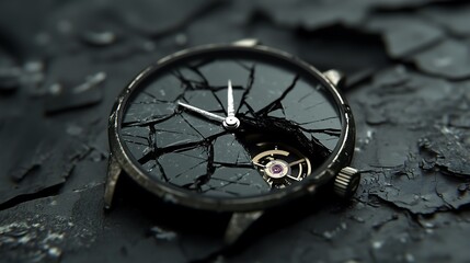 A broken wristwatch with a shattered glass face. The exposed inner workings of the watch are visible.