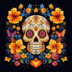 Wall Mural - Sugar Skull with Floral Frame