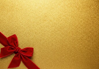 Wall Mural - Red velvet bow lying on a sparkling gold background with copy space