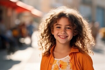 Portrait of a cute little girl with curly hair on the street