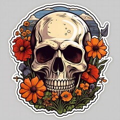 Poster - Human Skull Decorated With Orange Flowers