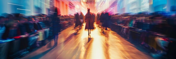 Wall Mural - blurred silhouettes of people walking on a vibrant city street at dusk, with colorful neon lights il