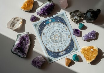 Captivating arrangement of healing crystals surrounding an astrology map, bathed in natural sunlight