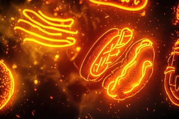 Poster - Vibrant neon outlines of burgers, hot dogs, and fries illuminate a dark background, creating an eye-catching fast-food ambiance. Generative AI