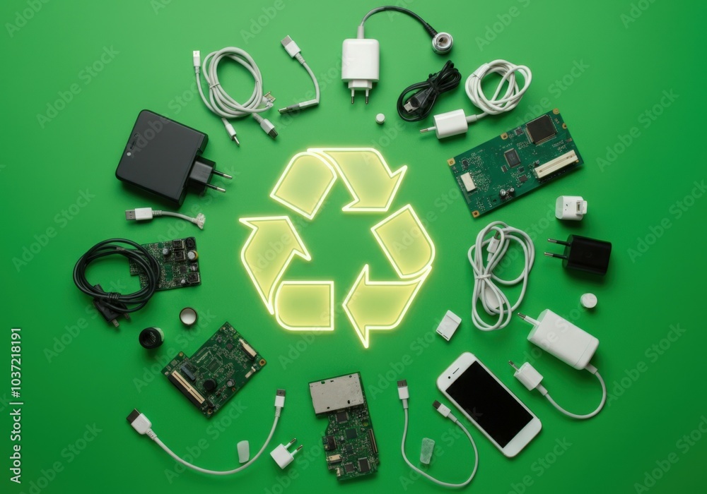 Electronic waste surrounding a recycling symbol, promoting responsible ...