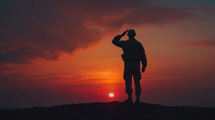 A silhouette of a soldier saluting against a vibrant sunset, symbolizing respect, bravery, and sacrifice in military service.