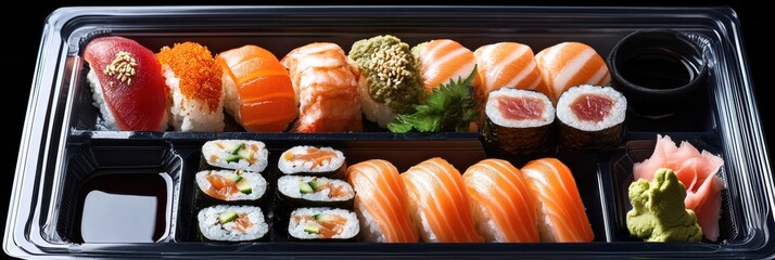 Poster - A beautifully arranged sushi platter showcases a variety of rolls and toppings, ideal for catering at social events or parties. Generative AI