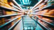 © Bekode - A shopping cart in a blurred grocery aisle, emphasizing a shopping experience.