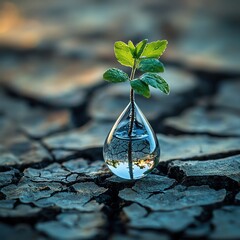 Plant in water drop on cracked earth