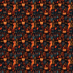 Seamless background with an orange cat and irregularly arranged fallen leaves on a black background 검은 배경에 주황색 고양이와 낙엽들이 불규칙하게 배열된 이음새가 없는 배경지