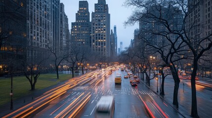 A view of a busy street in a modern city with tall buildings and traffic moving through.