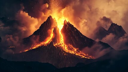 Wall Mural - A fiery eruption illuminates the night sky as a volcano spews lava into the air, creating a spectacular display of nature's raw power