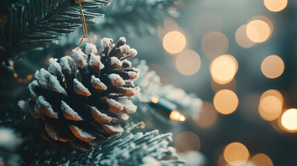 Frosty pinecone with snowflakes on evergreen tree branch amidst festive bokeh lights