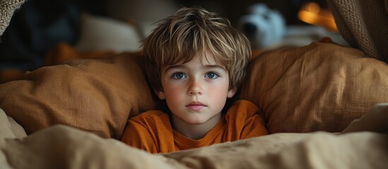 Wall Mural - A thoughtful young boy gazes intently while nestled in cozy pillows.