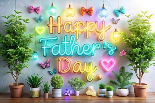 Happy father's day pastel color wax balloon concept design. Father's day wishing. Wish, love, hugs, butterfly, tree, plant, ceremony, happy, color, holiday Neon light