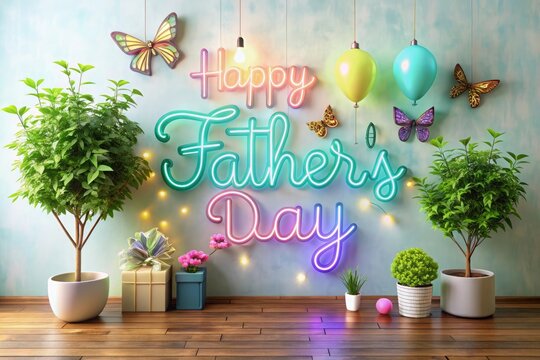 Happy father's day pastel color wax balloon concept design. Father's day wishing. Wish, love, hugs, butterfly, tree, plant, ceremony, happy, color, holiday Neon light