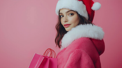 A beautiful woman dressed as Santa Claus poses cheerfully against a pink background, bringing a festive spirit with her stylish outfit and gifts in hand