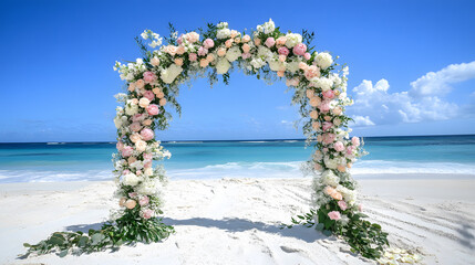 beautiful floral arch adorned with pink and white flowers stands on sandy beach, overlooking turquoise ocean under clear blue sky. This picturesque setting is perfect for romantic wedding ceremony