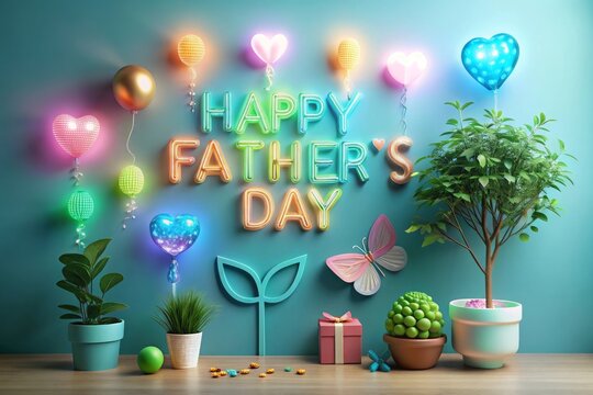 Happy father's day pastel color wax balloon concept design. Father's day wishing. Wish, love, hugs, butterfly, tree, plant, ceremony, happy, color, holiday Neon light