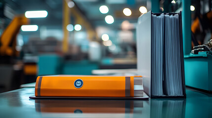 Close-up of safety regulations binder on a factory manager desk