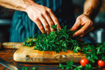 Professional Chef Finely Chopping Fresh Green Parsley on a Wooden Cutting Board. Culinary Arts and Fresh Ingredients Concept