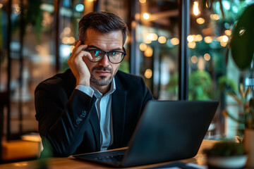 A businessman adjusting his eyeglasses while working on his laptop in a modern office.