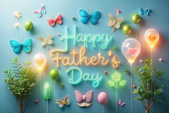 Happy father's day pastel color wax balloon concept design. Father's day wishing. Wish, love, hugs, butterfly, tree, plant, ceremony, happy, color, holiday Neon light