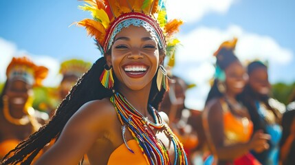 A group of friends in traditional Caribbean attire, dancing energetically during Carnival, their faces filled with joy and excitement as they celebrate under the bright sun