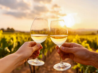 Happy friends having fun outdoors - Young people enjoying harvest time together at farmhouse vineyard countryside - Youth and friendship concept - Focus on hands toasting wine glasses with sun flare 