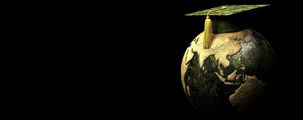 Earth wearing a graduation cap, a symbol of global education and progress.