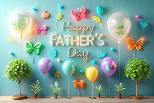 Happy father's day pastel color wax balloon concept design. Father's day wishing. Wish, love, hugs, butterfly, tree, plant, ceremony, happy, color, holiday Neon light