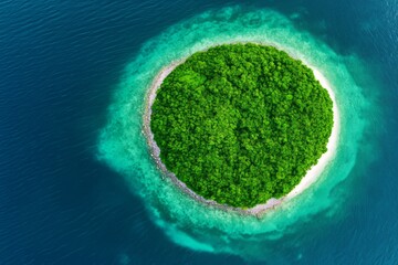 Aerial view of a lush green island surrounded by clear blue waters.