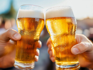 happy male friends drinking beer at bar or pub