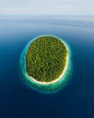 Aerial view of a lush, green island surrounded by clear blue water.