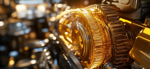 Poster - Close-up of shiny gold gears and engine parts.