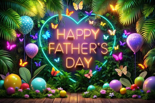 Happy father's day pastel color wax balloon concept design. Father's day wishing. Wish, love, hugs, butterfly, tree, plant, ceremony, happy, color, holiday Neon light