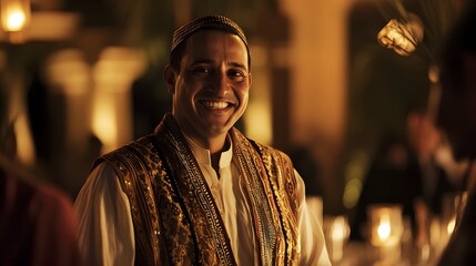 A man in a classic Egyptian galabeya, beaming with pride as he chats with guests at a luxurious dinner party, his face glowing with charm and confidence