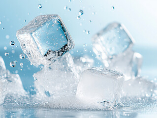 Wall Mural - Ice Cubes Splashing - Cool Refreshing Crystals With Water Drops