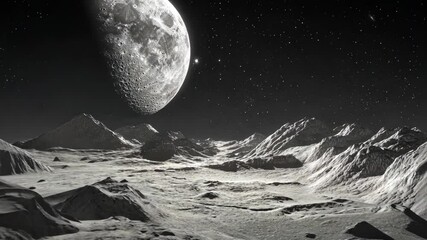 Wall Mural - a large, cratered moon hangs over a desolate, mountainous landscape