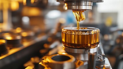 Poster - closeup of a clear glass bottle being filled with golden liquid on a factory production line.
