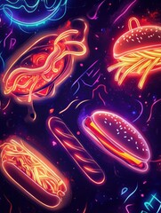 Aufkleber - Bright neon shapes of burgers, hot dogs, and fries pop against a dark backdrop, highlighting popular fast-food items in a playful design. Generative AI