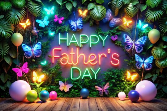 Happy father's day pastel color wax balloon concept design. Father's day wishing. Wish, love, hugs, butterfly, tree, plant, ceremony, happy, color, holiday Neon light