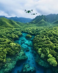 Aerial view of lush green landscape with drones flying over a river.