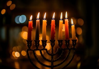 Menorah with seven lit candles celebrating hanukkah with a blurred background