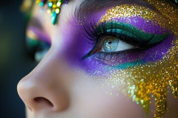 Woman is showing off her festive purple, green, and gold glitter makeup around her eye