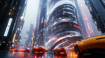 Futuristic city street at night with glowing neon signs and cars driving through rain.